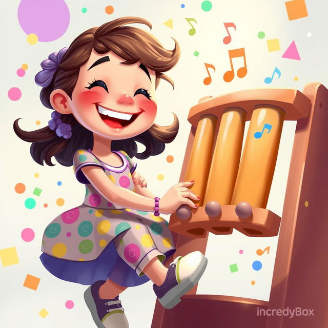 A colorful 2D illustration of a joyful girl playing on a set of chimes, inspired by the whimsical art style of the game IncredyBox