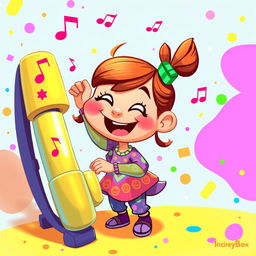 A colorful 2D illustration of a joyful girl playing on a set of chimes, inspired by the whimsical art style of the game IncredyBox