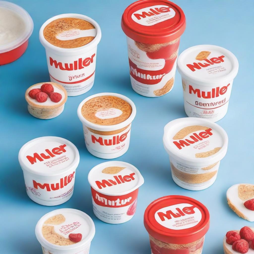 A high-quality photograph featuring a selection of Müller products