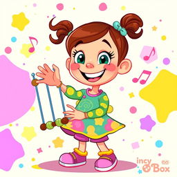 A colorful 2D illustration of a joyful girl playing on a set of chimes, inspired by the whimsical art style of the game IncredyBox