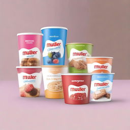 A high-quality photograph featuring a selection of Müller products