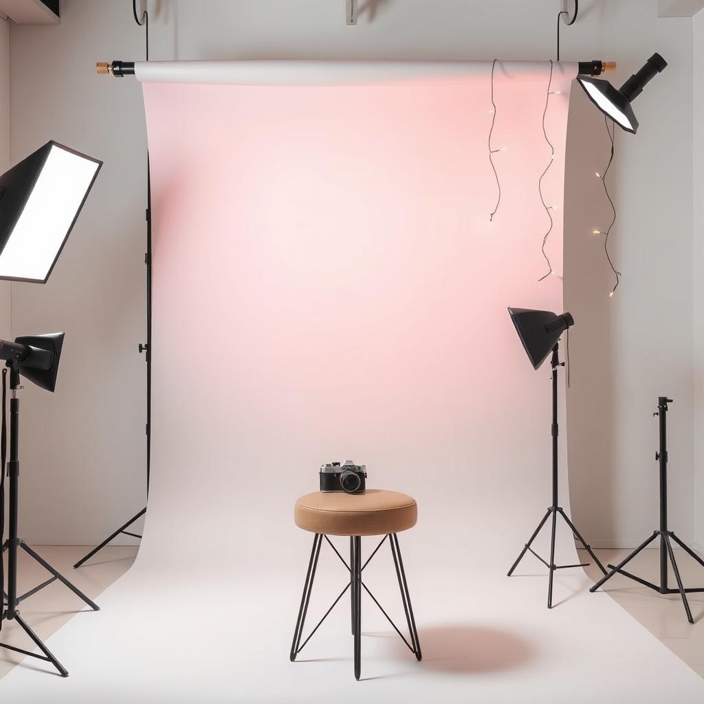 A modern photography studio background featuring a gradient backdrop transitioning from light grey to soft pastel pink, accented with elegant gold embellishments