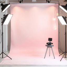 A modern photography studio background featuring a gradient backdrop transitioning from light grey to soft pastel pink, accented with elegant gold embellishments