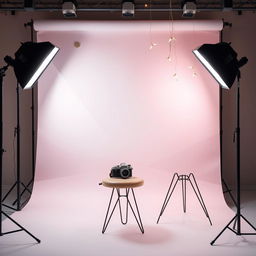 A modern photography studio background featuring a gradient backdrop transitioning from light grey to soft pastel pink, accented with elegant gold embellishments