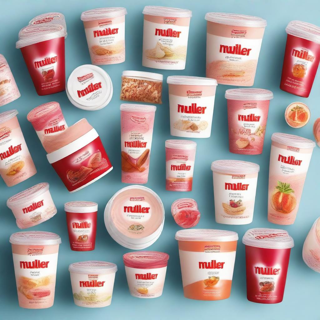 A high-quality photograph featuring a selection of Müller products