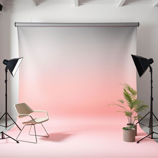 A contemporary photography studio background showcasing a smooth gradient that transitions from deep grey at the top to soft pastel pink at the bottom