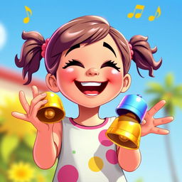 A young girl joyfully holding and playing with bells in her hands, styled in the whimsical and vibrant aesthetic of the game Incredibox