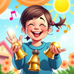 A young girl joyfully holding and playing with bells in her hands, styled in the whimsical and vibrant aesthetic of the game Incredibox