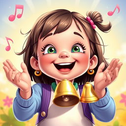 A young girl joyfully holding and playing with bells in her hands, styled in the whimsical and vibrant aesthetic of the game Incredibox