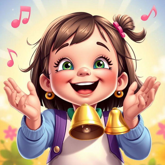 A young girl joyfully holding and playing with bells in her hands, styled in the whimsical and vibrant aesthetic of the game Incredibox