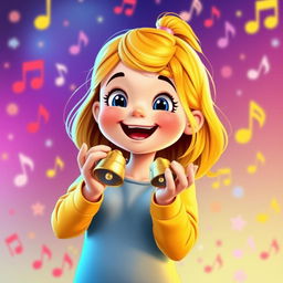 A young girl happily holding and playing with small bells in her hands, designed in the playful and colorful style of the game Incredibox