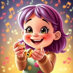 A young girl happily holding and playing with small bells in her hands, designed in the playful and colorful style of the game Incredibox