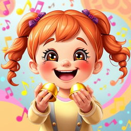 A young girl happily holding and playing with small bells in her hands, designed in the playful and colorful style of the game Incredibox