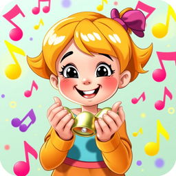 A young girl happily holding and playing with small bells in her hands, designed in the playful and colorful style of the game Incredibox