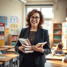 A middle-aged woman in a school setting, dressed in professional attire