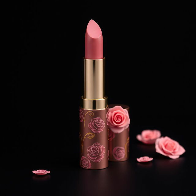 A graceful and elegant lipstick in a beautiful rose pink color, adorned with delicate rose patterns representing the Celestia brand