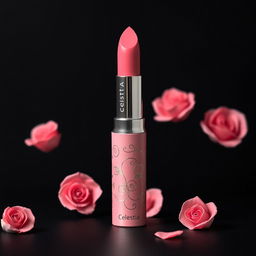 A graceful and elegant lipstick in a beautiful rose pink color, adorned with delicate rose patterns representing the Celestia brand