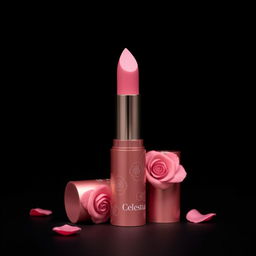 A graceful and elegant lipstick in a beautiful rose pink color, adorned with delicate rose patterns representing the Celestia brand