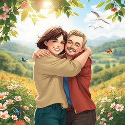 A heartwarming scene of an affectionate hug between two people in a serene nature setting, surrounded by blooming flowers and vibrant greenery