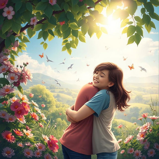 A heartwarming scene of an affectionate hug between two people in a serene nature setting, surrounded by blooming flowers and vibrant greenery
