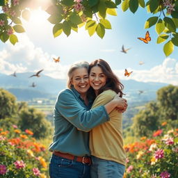 A heartwarming scene of an affectionate hug between two people in a serene nature setting, surrounded by blooming flowers and vibrant greenery