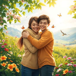 A heartwarming scene of an affectionate hug between two people in a serene nature setting, surrounded by blooming flowers and vibrant greenery