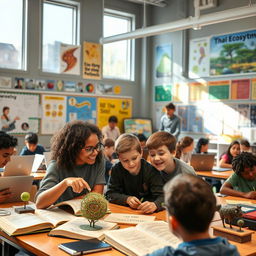 A vibrant classroom scene filled with diverse high school students actively engaged in solving complex biology problems