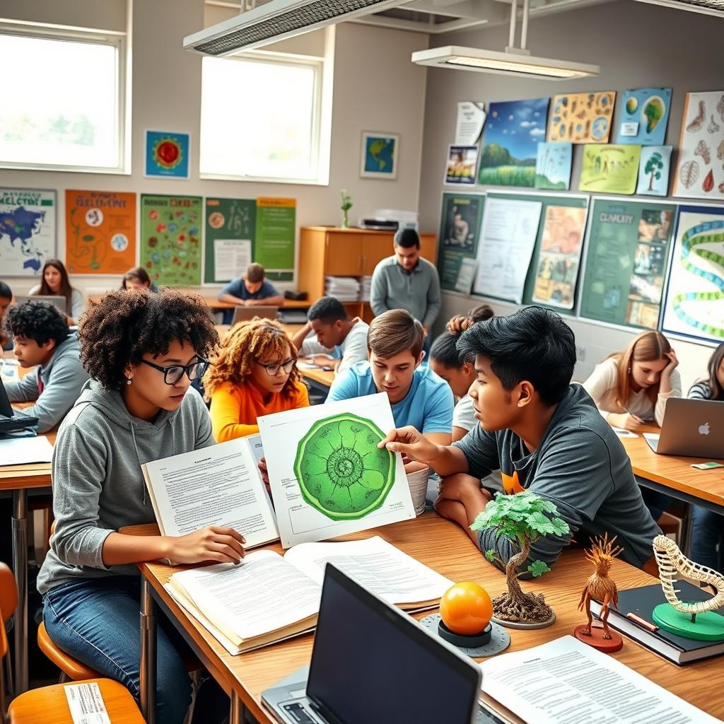 A vibrant classroom scene filled with diverse high school students actively engaged in solving complex biology problems