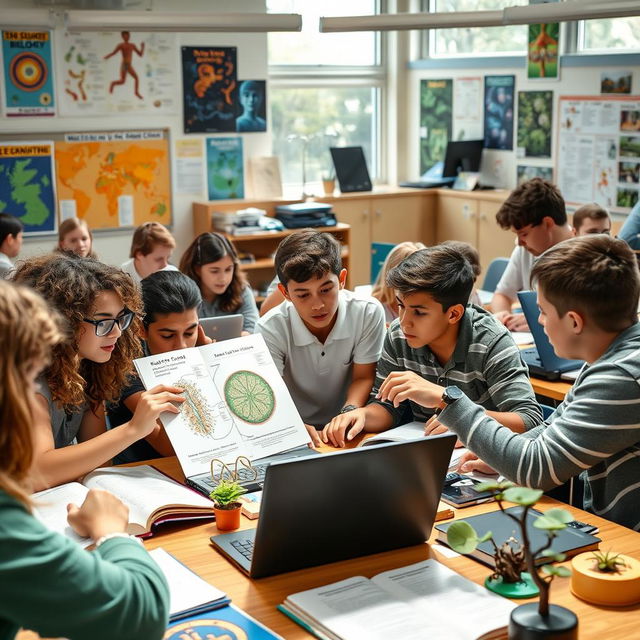 A vibrant classroom scene filled with diverse high school students actively engaged in solving complex biology problems