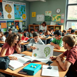 A vibrant classroom scene filled with diverse high school students actively engaged in solving complex biology problems