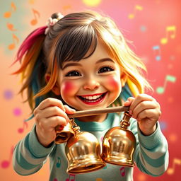 A full-length portrait of a young girl joyfully holding bells in her hands, playing with them using a stick, all depicted in the colorful and playful style of the game Incredibox