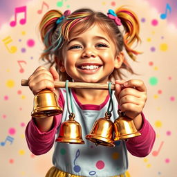 A full-length portrait of a young girl joyfully holding bells in her hands, playing with them using a stick, all depicted in the colorful and playful style of the game Incredibox