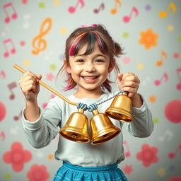 A full-length portrait of a young girl joyfully holding bells in her hands, playing with them using a stick, all depicted in the colorful and playful style of the game Incredibox