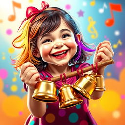 A full-length portrait of a young girl joyfully holding bells in her hands, playing with them using a stick, all depicted in the colorful and playful style of the game Incredibox