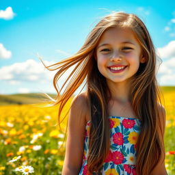 A portrait of a girl with long flowing hair, wearing a colorful summer dress, standing in a sunny meadow filled with wildflowers