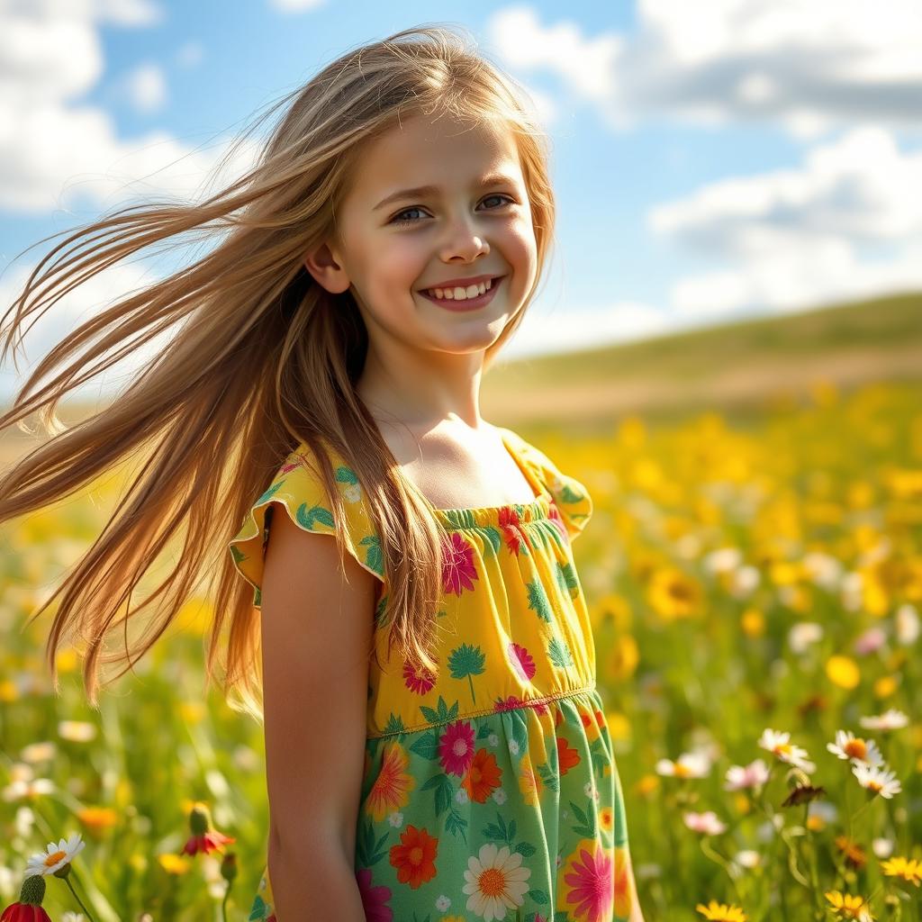 A portrait of a girl with long flowing hair, wearing a colorful summer dress, standing in a sunny meadow filled with wildflowers