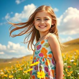 A portrait of a girl with long flowing hair, wearing a colorful summer dress, standing in a sunny meadow filled with wildflowers