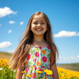 A portrait of a girl with long flowing hair, wearing a colorful summer dress, standing in a sunny meadow filled with wildflowers
