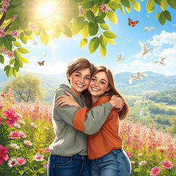 A heartwarming scene of an affectionate hug between two people in a serene nature setting, surrounded by blooming flowers and vibrant greenery