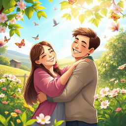 A heartwarming scene of an affectionate hug between two people in a serene nature setting, surrounded by blooming flowers and vibrant greenery