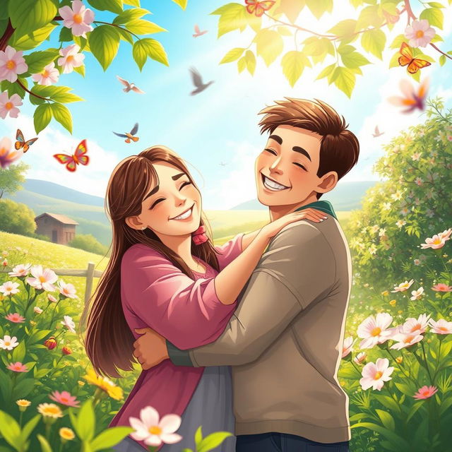 A heartwarming scene of an affectionate hug between two people in a serene nature setting, surrounded by blooming flowers and vibrant greenery