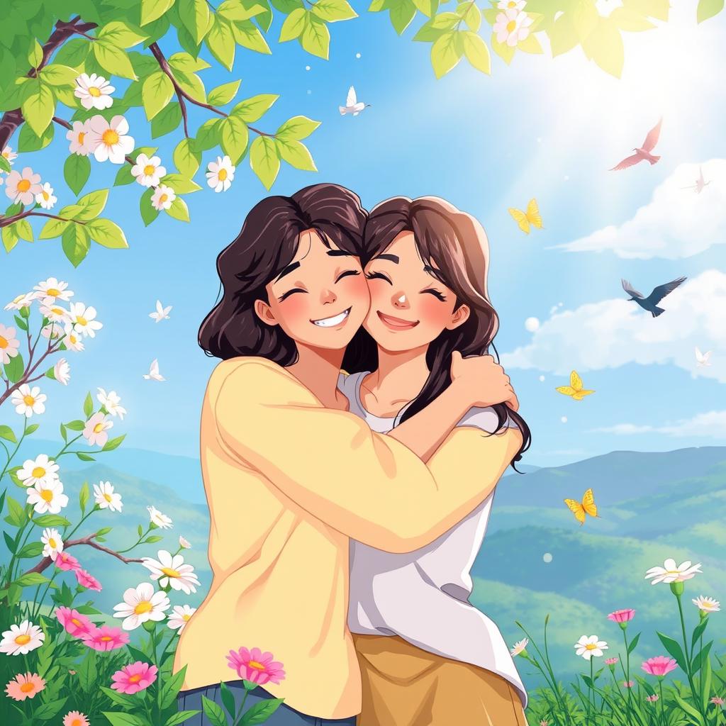 A heartwarming scene of an affectionate hug between two people in a serene nature setting, surrounded by blooming flowers and vibrant greenery