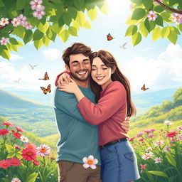 A heartwarming scene of an affectionate hug between two people in a serene nature setting, surrounded by blooming flowers and vibrant greenery