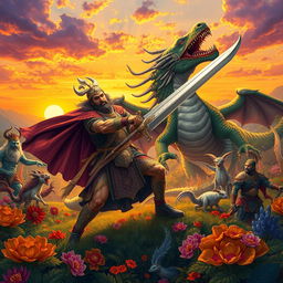 An artistic representation of ancient Iranian mythology, featuring a majestic scene of the mythical hero Rostam from the Shahnameh, bravely battling a fierce dragon in a lush, fantastical landscape filled with vibrant flora and ethereal light