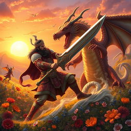 An artistic representation of ancient Iranian mythology, featuring a majestic scene of the mythical hero Rostam from the Shahnameh, bravely battling a fierce dragon in a lush, fantastical landscape filled with vibrant flora and ethereal light