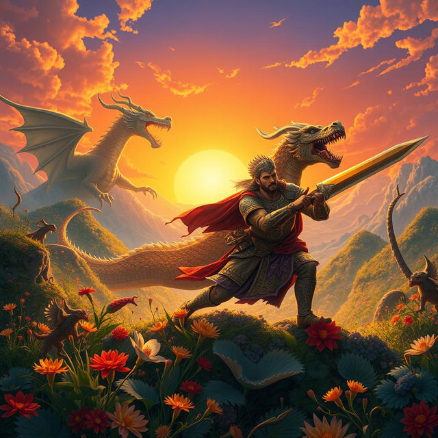 An artistic representation of ancient Iranian mythology, featuring a majestic scene of the mythical hero Rostam from the Shahnameh, bravely battling a fierce dragon in a lush, fantastical landscape filled with vibrant flora and ethereal light