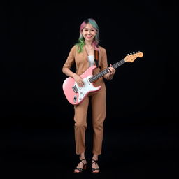 A beautiful and elegant Korean woman standing full body, facing the camera with a gentle smile while playing the guitar