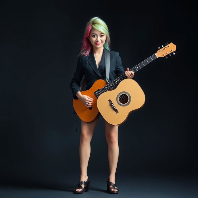 A beautiful and elegant Korean woman standing full body, facing the camera with a gentle smile while playing the guitar