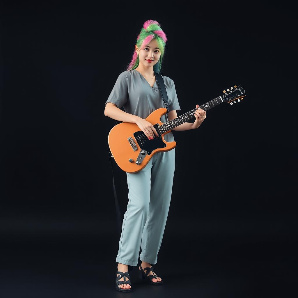 A beautiful and elegant Korean woman standing full body, facing the camera with a gentle smile while playing the guitar