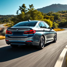 A sleek BMW 5 Series car viewed from the right rear side, showing dynamic motion as it ascends a winding road
